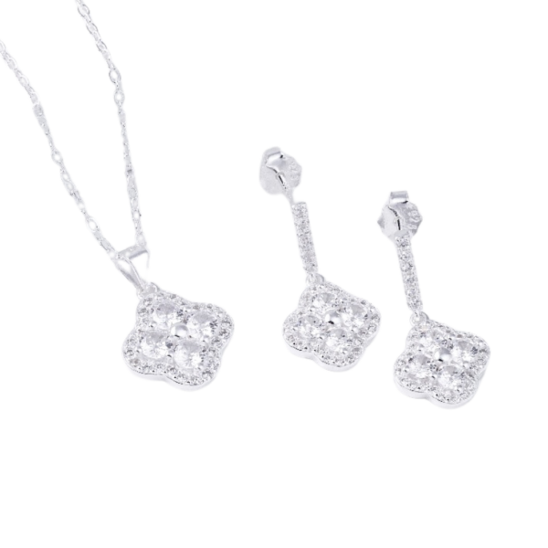 CONJUNTO CAR TREVO ZIRC 3MC/ MICRO ZIR PRATA 925- HIPOALERGÊNICO
