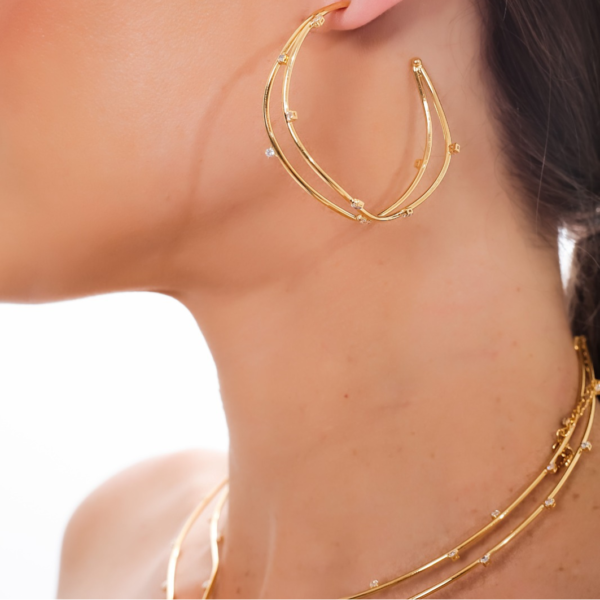 BRACELETE LAUREN FIO DUPLO COM ZIRCÔNIAS, ARGOLA LAUREN DUPLA COM PEDRAS E COLAR CHOCKER LAUREN FIO DUPLO COM ZIRCÔNIAS 
