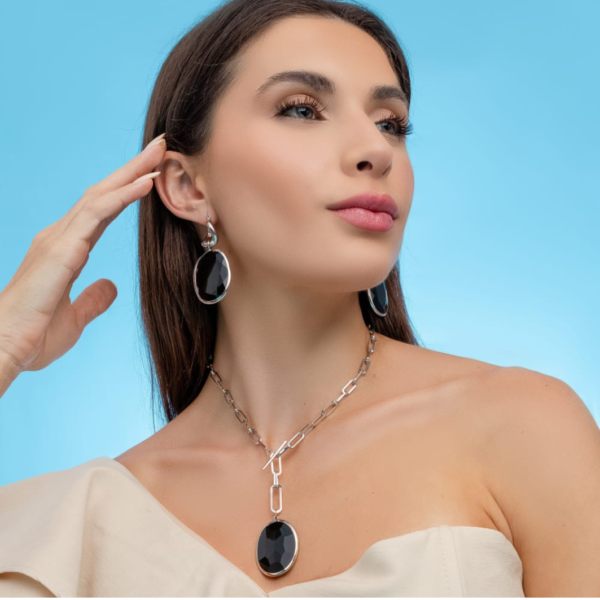 COLAR VÊNUS ELO COM 01 PEDRA OVAL 28x35 E ARGOLA SISTINA ELO COM PEDRA OVAL 25X35