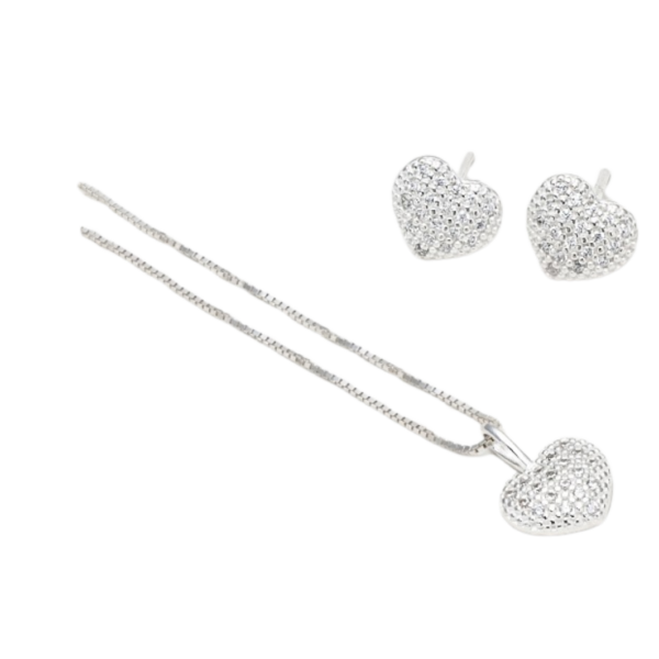 CONJUNTO CORAÇÃO MICRO ZIRC 1M CRISTAL/COLOR PRATA 925- HIPOALERGÊNICO