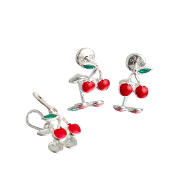 CONJUNTO INFANTIL CEREJA RESINA  PRATA 925- HIPOALERGÊNICO