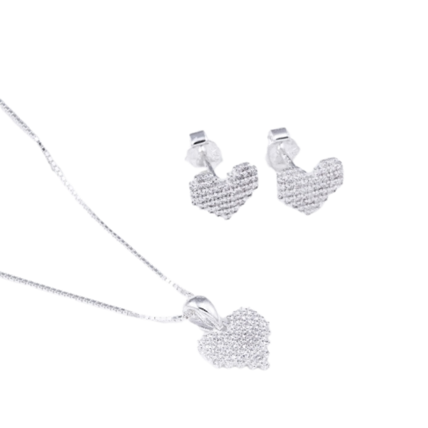 CONJUNTO VENEZV- CORAÇÃO MICRO ZIRC 1M COL PRATA 925- HIPOALERGÊNICO